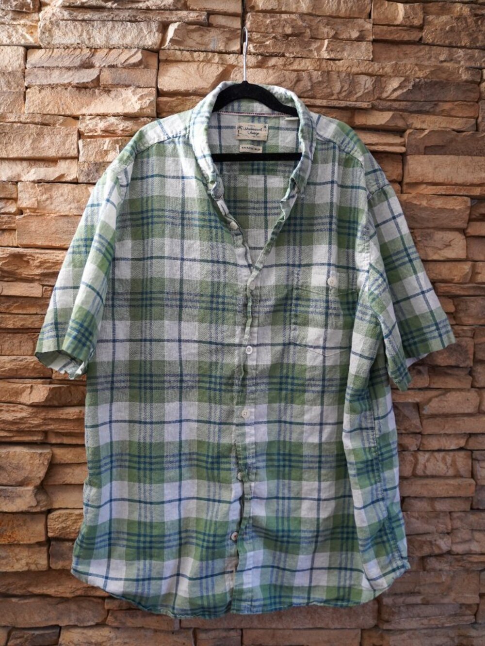 Original Weatherproof Vintage Men’s Short Sleeve sage Linen Plaid Shirt Size XL